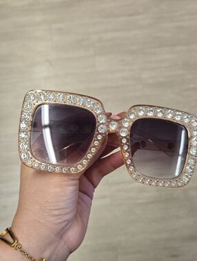 Crystal-Embellished Pink Oversized Square Sunglasses